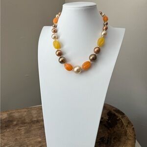Yellow and Orange Plastic Beaded Necklace with Champagne/Bronze Faux Pearls